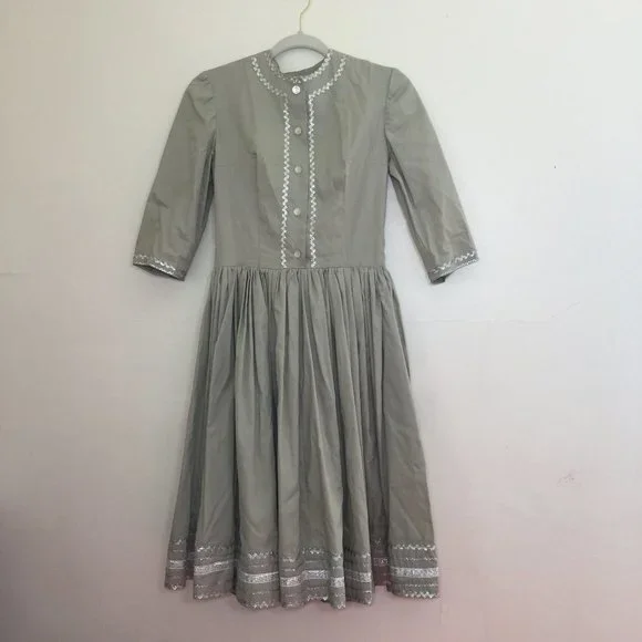 Vintage Handmade Sage Green Dress With Silver Trims Size Xs | Color: Green/Silver | Size: Xs | Artplusutility's Closet